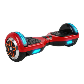 Red electric hoverboard with glowing blue led lights isolated on transparent background