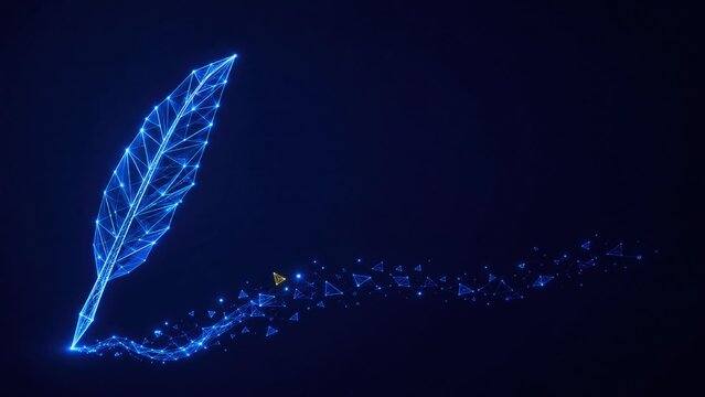 Glowing faceted feather quill writes luminous script for Iqbal Day