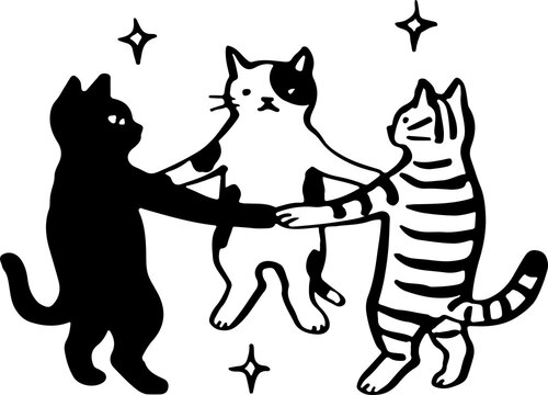Three Cats PNG Black and White Felines Standing Together with Star Shapes Above Them Isolated on Transparent Background