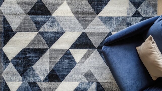 Modern living room interior featuring a plush blue velvet armchair placed on a large stylish floor rug with intricate geometric triangle patterns in shades of navy grey and white colors.