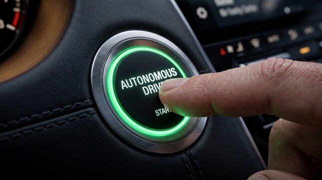 Autonomous Drive Button Activated: A finger presses a glowing green button labeled Autonomous Drive on a car's dashboard, symbolizing the future of automotive technology and self-driving innovation.