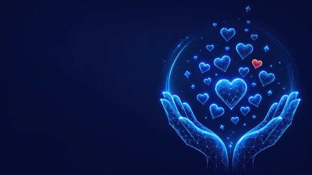 Cupped hands hold two glowing polygonal hearts for International Charity Day