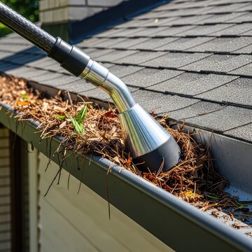 Specialized industrial vacuum nozzle attached to a long telescopic pole cleaning organic debris from a metal gutter on a residential roof, suction, residential, property