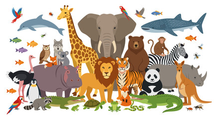 Naklejka premium Diverse wild animals collection in flat vector illustration style