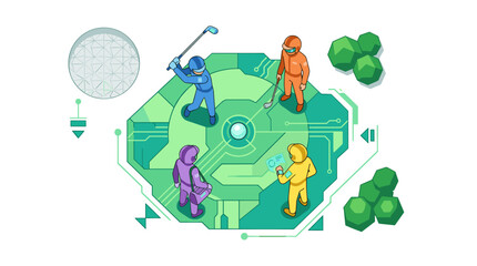 Fototapeta premium Futuristic space explorers playing golf on a circuit board platform