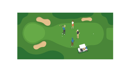 Fototapeta premium Aerial view of golfers playing on a green course