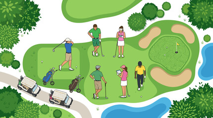 Fototapeta premium Top down view of people playing on a golf course with carts and trees