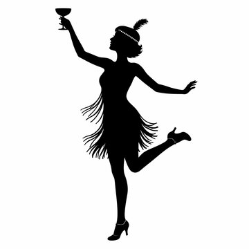 Black silhouette of a dancing flapper girl in a 1920s fringe dress and feather headband, holding a champagne glass up in celebration, isolated on a white background vector.