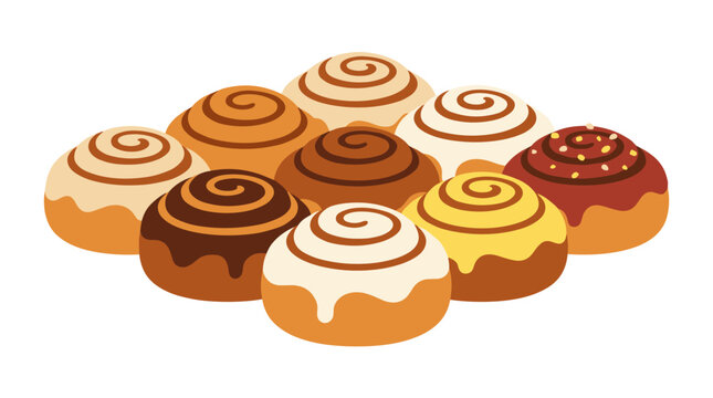 Assorted glazed cinnamon rolls sweet pastry vector
