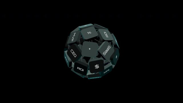 A 3D rotating globe made of floating keycaps displaying startup, business, and finance acronyms.