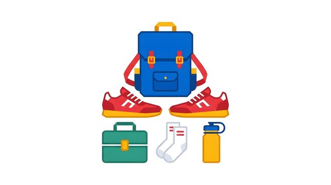 Flat vector illustration of travel and fitness equipment including a backpack, sneakers, and water bottle