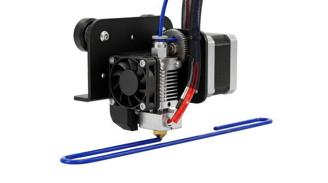 3D Printer Extruder Head Printing Blue Filament: Close-up view of a 3D printer's extruder head actively printing a blue filament line.