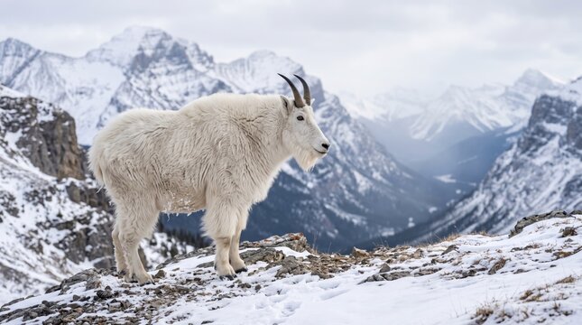 White mountain goat standing on rocky snowy slope