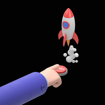 Flat 3d isometric businessman hand presses start button to launches a space rocket.Business start up concept.3D rendering on black Screen for footage and clipping path.