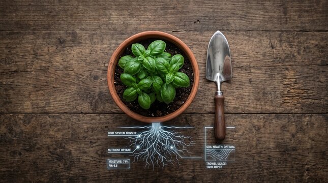 Healthy basil plant in pot with gardening trowel and root system data overlay