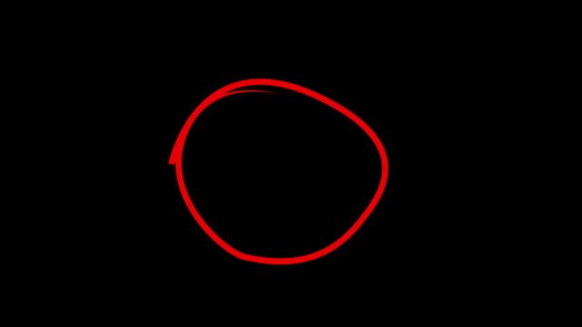 Hand-drawn red circle marker animation on black background, for emphasis highlight