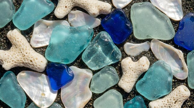 Blue sea glass and shells forming coastal texture