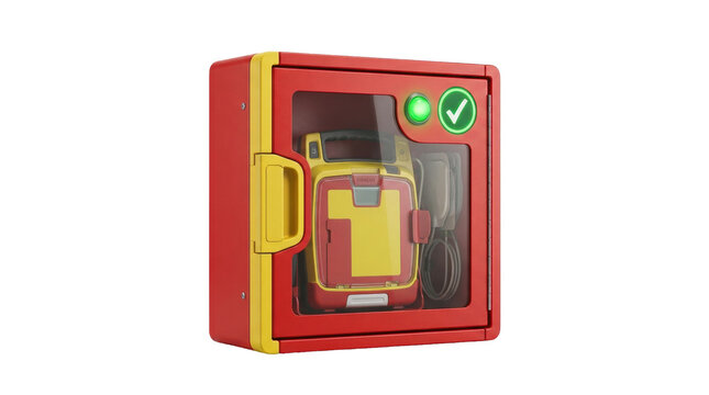 Emergency Defibrillator Cabinet: A bright red cabinet containing a yellow and red automated external defibrillator (AED) unit, ready for immediate use in critical situations.