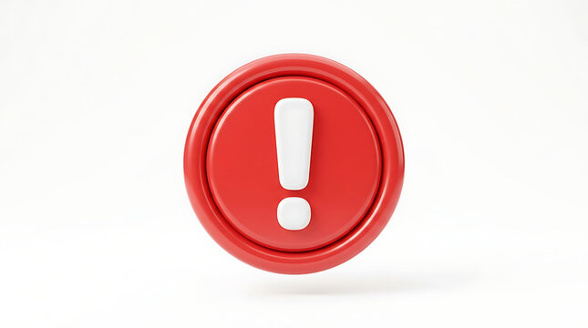 A 3D rendered red circular button with a white exclamation mark symbol on a clean white background.