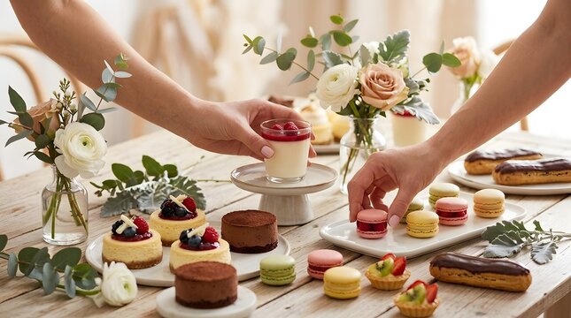 People arranging elegant French desserts and colorful macarons on a wooden table.