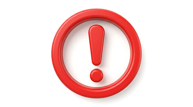 A prominent 3D rendered red exclamation mark symbol inside a circular border, signifying warning or alert on a white background.