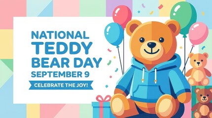 Fototapeta premium Teddy bear celebrating National Teddy Bear Day with balloons