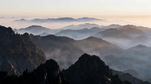 Misty mountain range at dawn with layered peaks and rolling fog