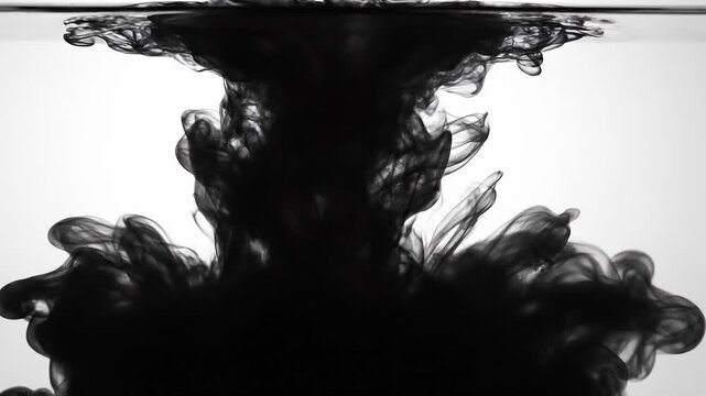 Black ink swirling in water creating abstract smoke patterns concept. Black ink swirling in water creating abstract dark shapes and fluid patterns on white background