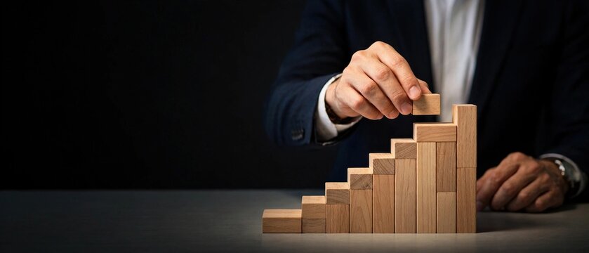 Businessman analyzing financial growth with wooden blocks representing profit trends and planning strategies