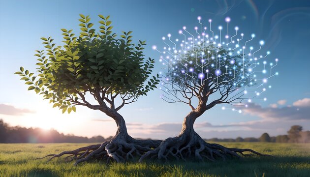 Two trees sharing single root system with green leaves and glowing digital data nodes, biotechnology green computing and sustainable eco technology concept on dark background.
