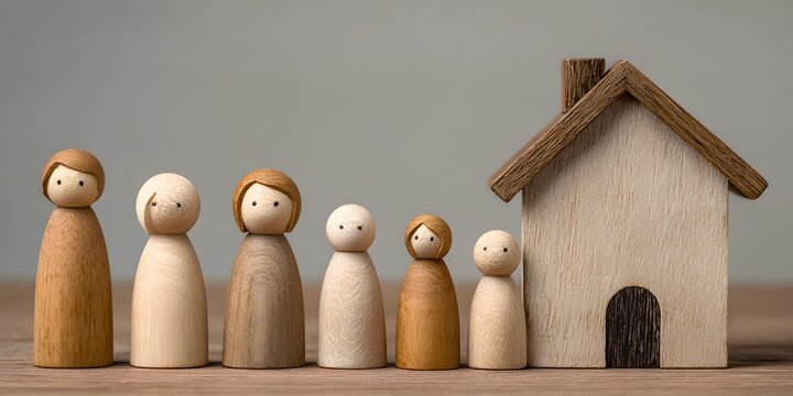 Wooden figurines of varying heights stand beside a miniature house on a wooden surface.