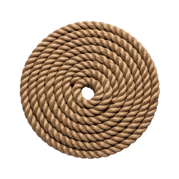 Natural brown hemp rope coiled in a circle shape isolated on transparent background