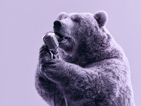 Anthropomorphic Grizzly Bear Singing into Vintage Microphone on Purple Background