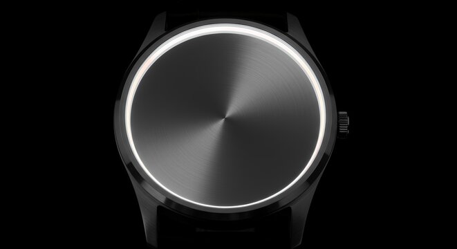 Minimalist luxury wristwatch with glowing circular light ring on black background.