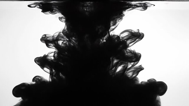 Black ink swirling in water creating abstract smoke like shapes on white background