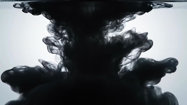 Black ink swirling in clear water creating abstract shapes and smoke like patterns with high contrast