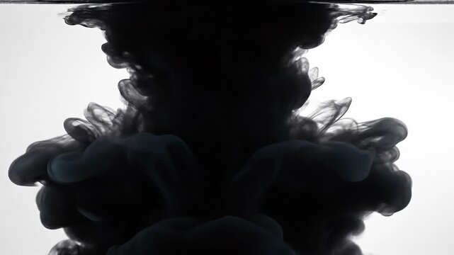 Black ink swirling in water creating abstract shapes with white background artistic liquid motion