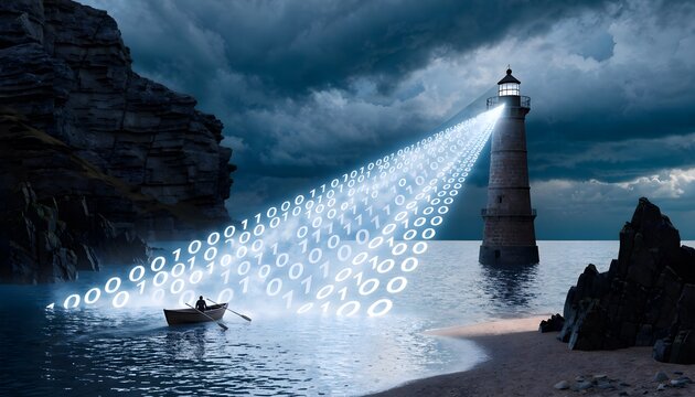 Cyber security concept featuring lighthouse binary code beam directing sailboat through dark ocean to safe harbor, data protection and cloud navigation technology on dark background.