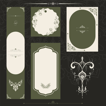 Green-toned wedding invitation with a vintage frame and vintage decorative elements.
