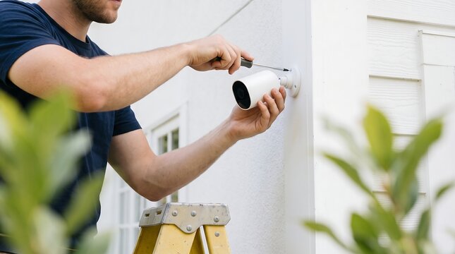 Technician installing modern white wireless outdoor security camera on home wall using screwdriver while standing on yellow ladder during bright day for smart home monitoring and protection