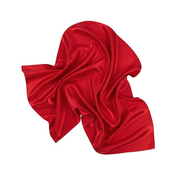 Red silk fabric cloth with soft folds and elegant wavy texture isolated on transparent background