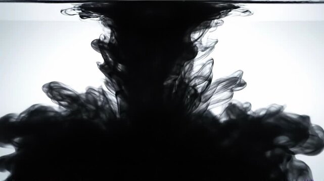 Black ink swirling in clear water creating abstract flowing shapes on white background