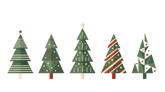 Minimalist Scandinavian Christmas trees made from geometric triangles, simple stripes, tiny red hearts, stars and natural-inspired patterns, muted forest green, cream and red palette, clean Nordic com