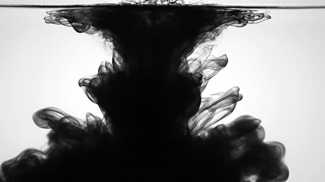 Black ink swirling and mixing in clear water with abstract fluid shapes and patterns