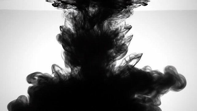 Black ink swirling in water with abstract shapes and fluid motion on a white background