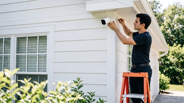 Young man installing white outdoor security camera on exterior wall of residential house using handheld screwdriver while standing on orange ladder to secure home premises