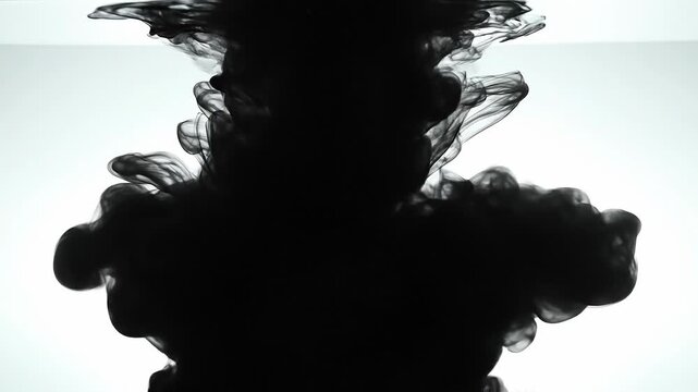 Black ink swirling in water with abstract shapes and fluid motion on white background