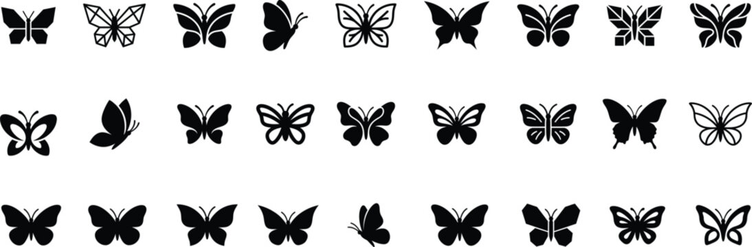Collection of various butterfly silhouettes and icons isolated on a white background for graphic design projects
