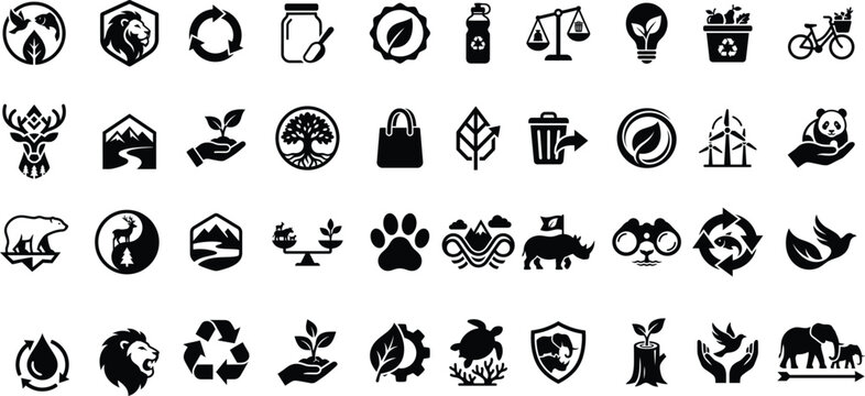 Collection of various environmental ecology and sustainability icons featuring nature conservation and green energy symbols