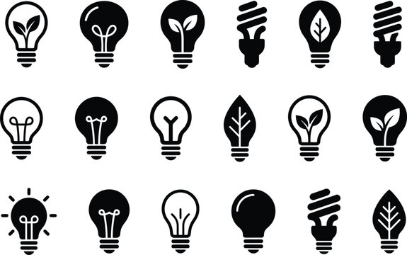 Set of black and white light bulb icons representing eco friendly energy and sustainable power solutions